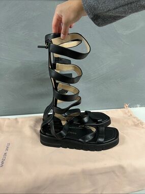 Stuart Weitzman Black Leather Gladiator Wrap Sandals